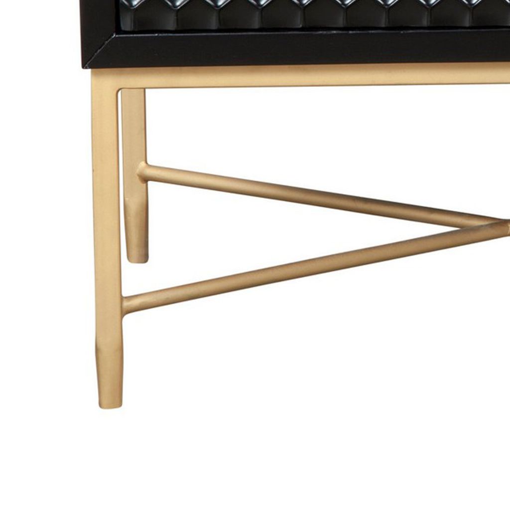 Rexi 26 Inch 2 Drawer Nightstand, Honeycomb, Mahogany Wood, Black, Gold - View 4