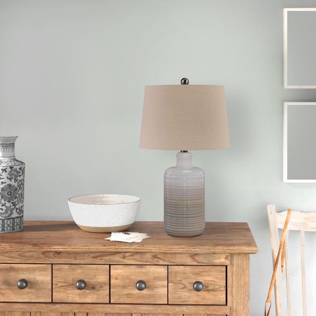 Ceramic Body Table Lamp with Brushed Details, Set of 2, Beige and White - View 7