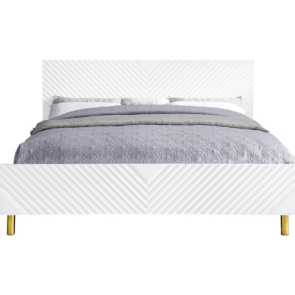 Tyra Modern Wood King Bed, Panel Headboard, Textured Chevron, White, Gold - View 3