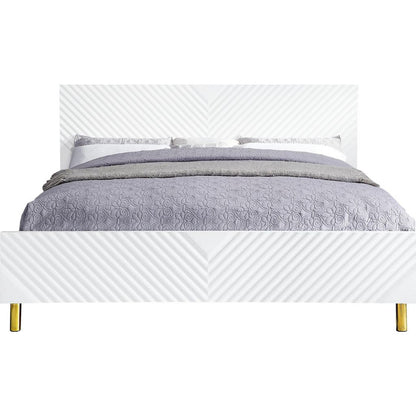 Tyra Modern Wood King Bed, Panel Headboard, Textured Chevron, White, Gold - View 3