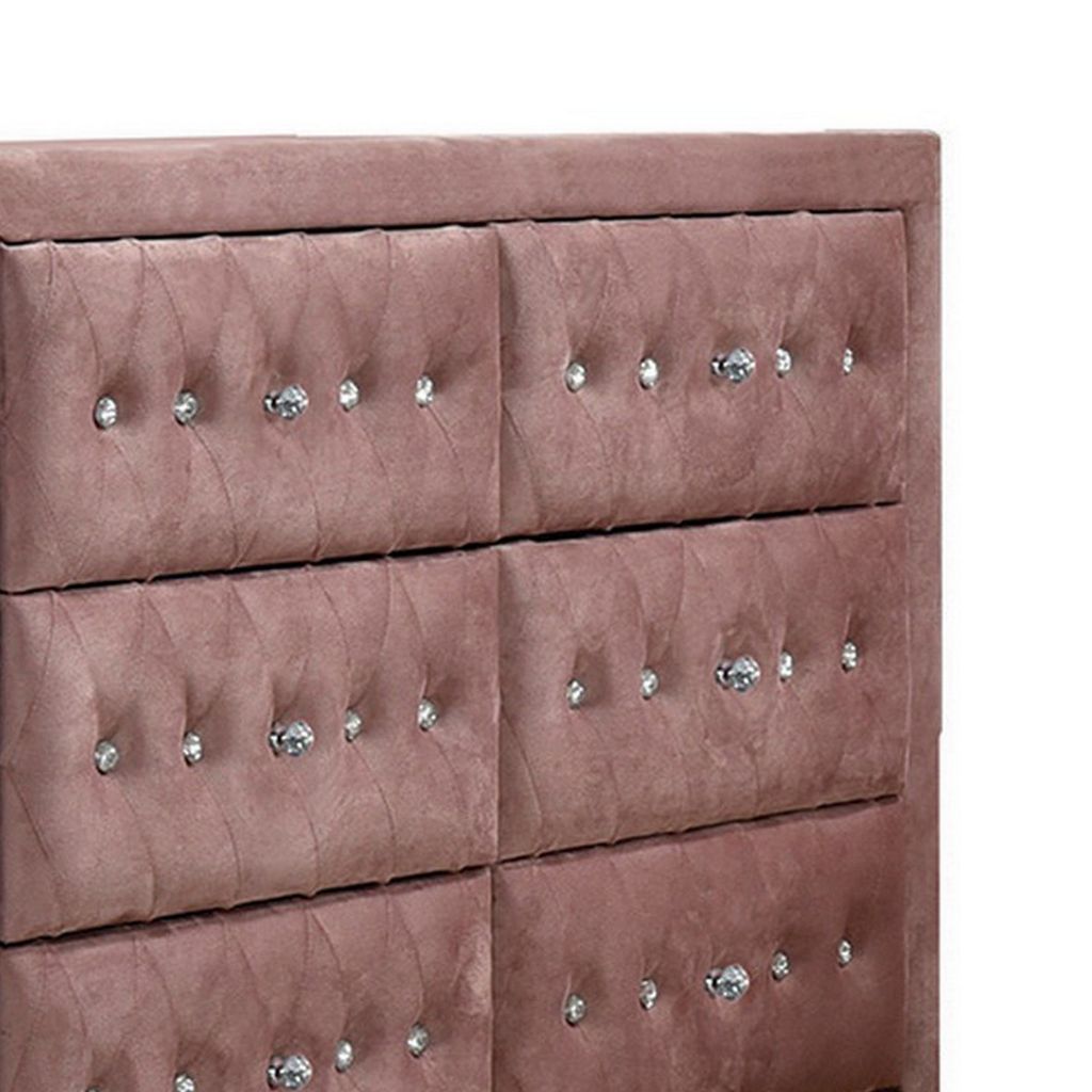 Rex 40 Inch Modern Upholstered Dresser, 6 Drawers, Crystal Handles, Pink - View 3