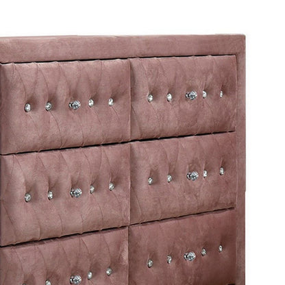 Rex 40 Inch Modern Upholstered Dresser, 6 Drawers, Crystal Handles, Pink - View 3