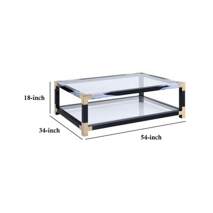 Rectangular Metal Coffee Table with Glass Top and Shelf, Black - View 5