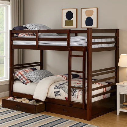 Transitional Twin Over Twin Bed with Attached Ladder and Drawers, Brown - View 7