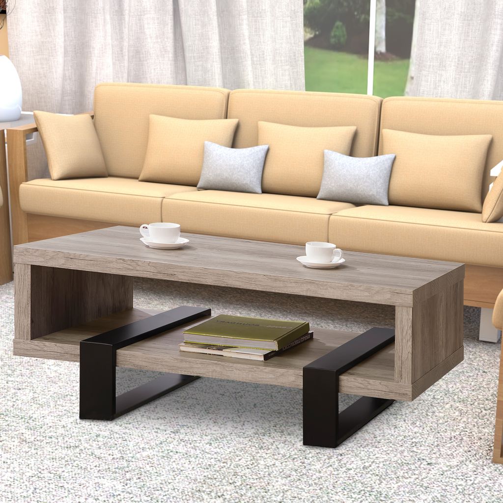 Modern Driftwood Open Shelf Coffee Table, Gray and Black - View 6