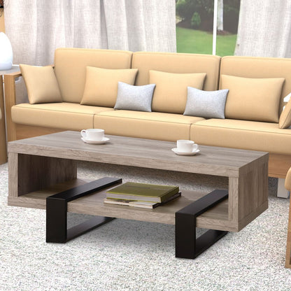 Modern Driftwood Open Shelf Coffee Table, Gray and Black - View 6