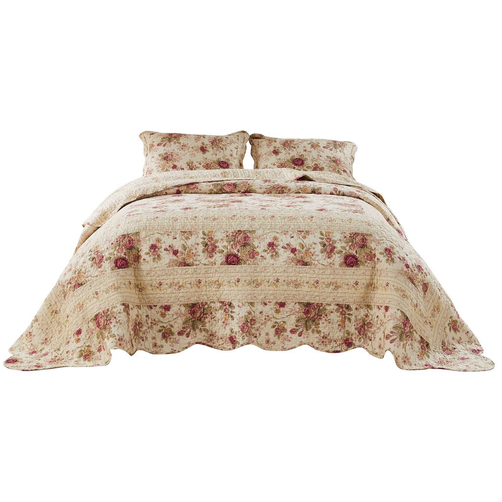 Rosle 3 Piece King Bedspread Set, Floral Print, Scalloped, Cream, Pink - View 2