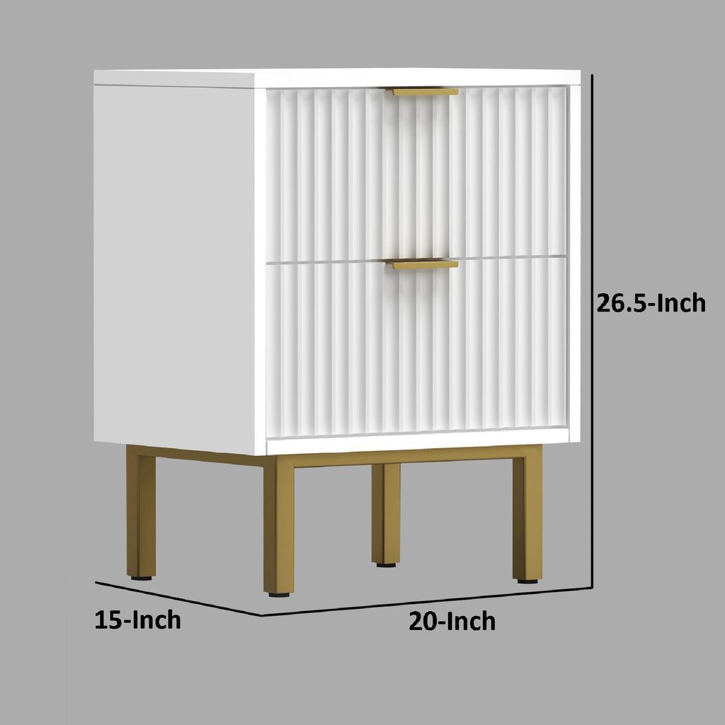 Beth 27 Inch 2 Drawer Nightstand, Corrugated, Mahogany Wood, White, Gold - View 5