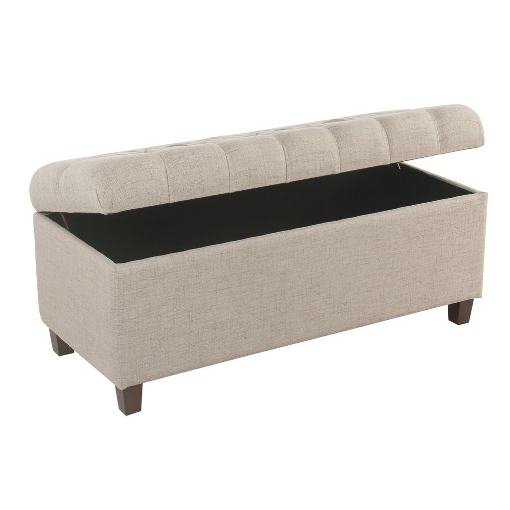 Fabric Upholstered Button Tufted Wooden Bench With Hinged Storage, Beige and Brown - View 5