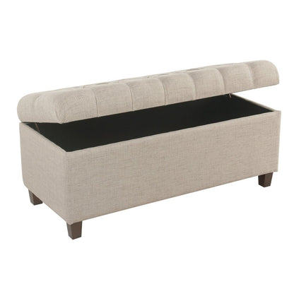 Fabric Upholstered Button Tufted Wooden Bench With Hinged Storage, Beige and Brown - View 5