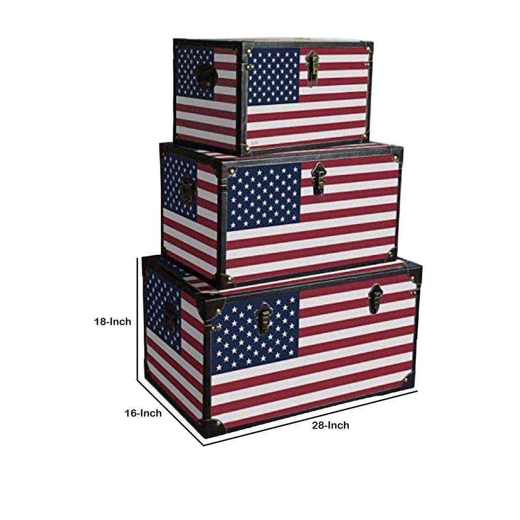 Wooden Trunks with US Flag Print and Metal Corner Accent, Set of 3, Multicolor - View 5