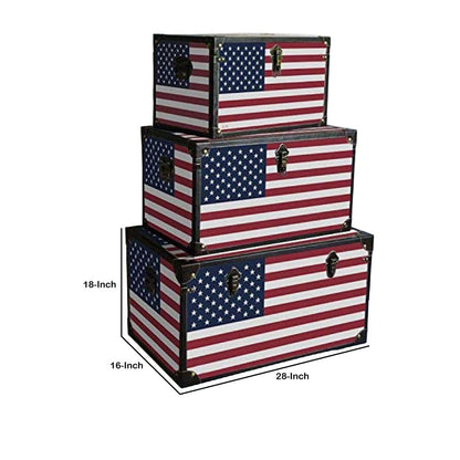 Wooden Trunks with US Flag Print and Metal Corner Accent, Set of 3, Multicolor - View 5