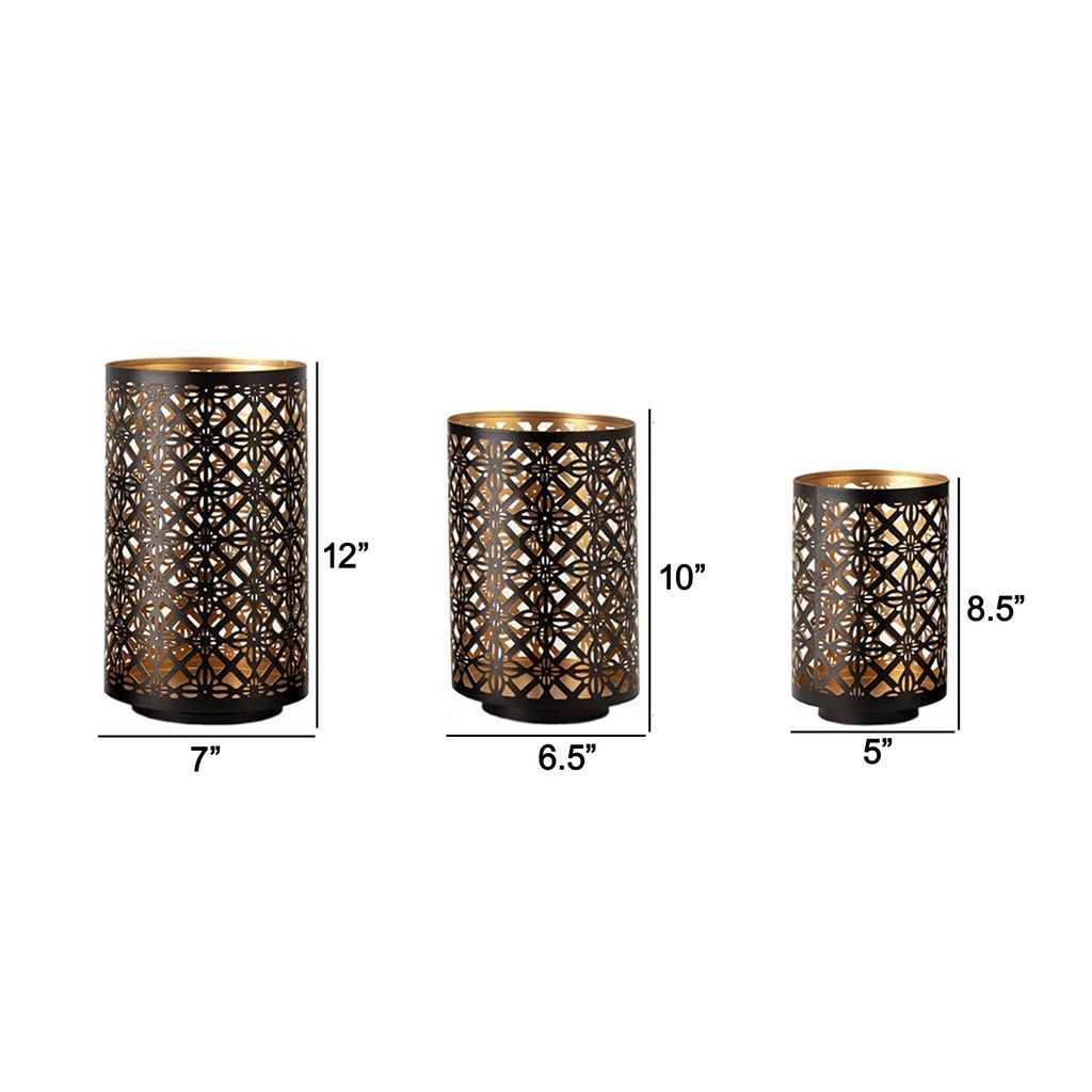 Set of 3 Lantern Candle Holders, Moroccan Lattice, Gold, Black Metal Frames - View 5