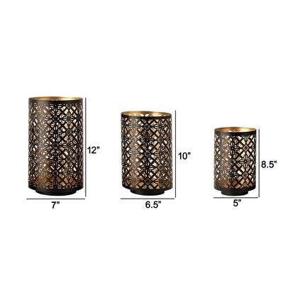 Set of 3 Lantern Candle Holders, Moroccan Lattice, Gold, Black Metal Frames - View 5