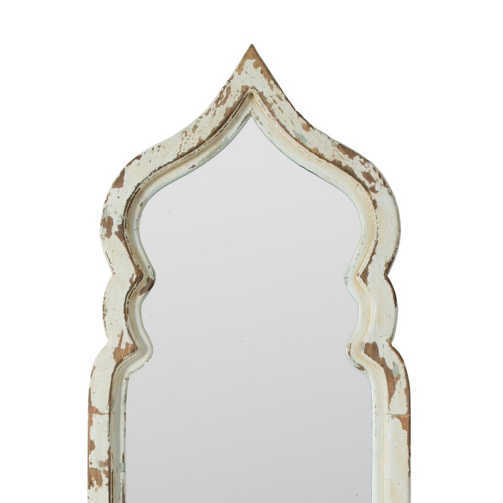 73 Inch Floor Mirror with Ornate Sculpted Top, Fir Wood, Weathered White - View 3