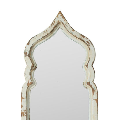 73 Inch Floor Mirror with Ornate Sculpted Top, Fir Wood, Weathered White - View 3