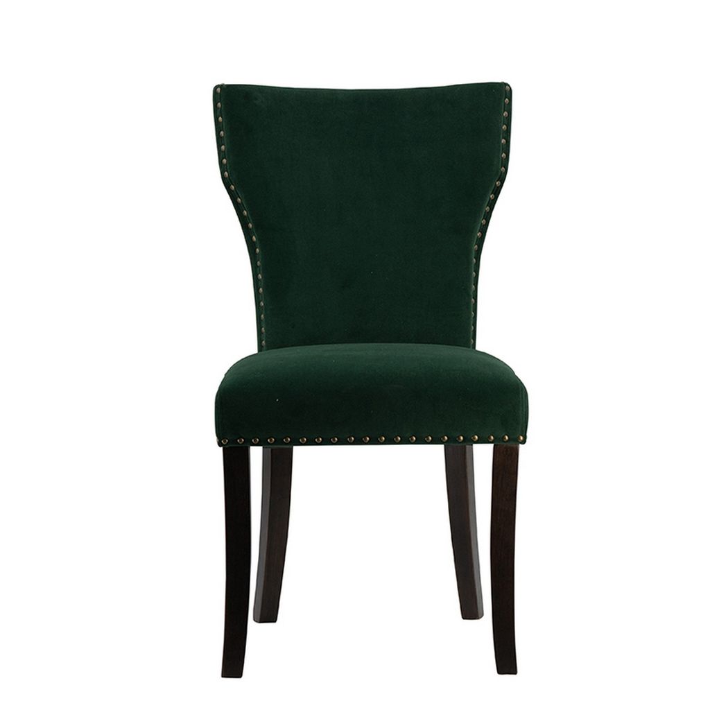 Devi 25 Inch Curved Dining Chair, Green Velvet Upholstery, Nailhead Trim - View 2