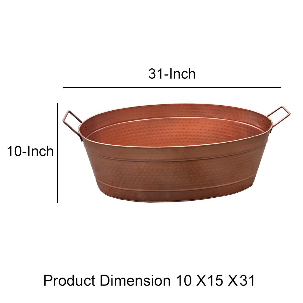 Thea Oval Shape Hammered texture Metal Tub with 2 Side Handles, Copper - View 4