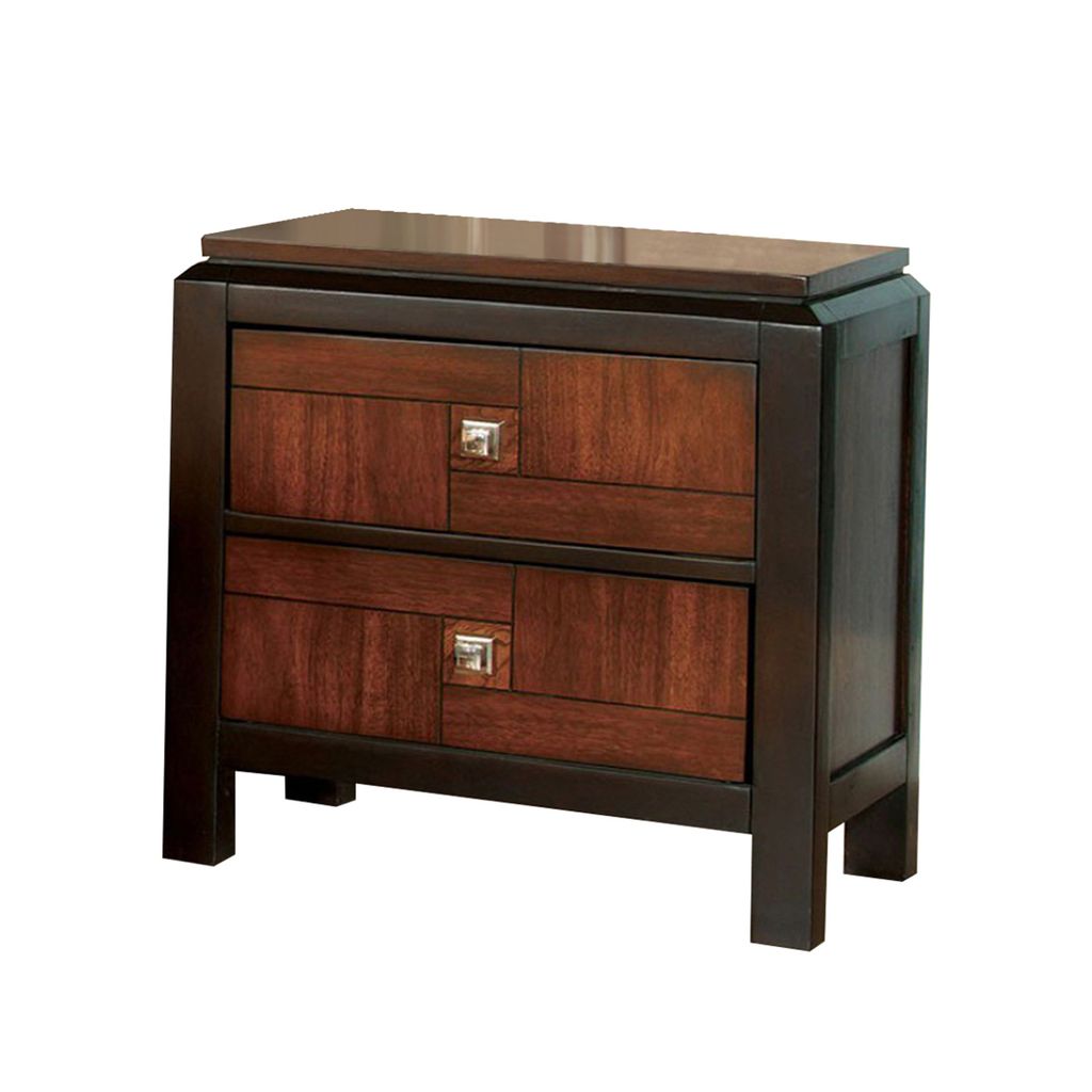 28 Inch Handcrafted Bedside Nightstand, 2 Drawers, Sleek Wood Pattern, Square Knobs, Walnut Brown - View 3