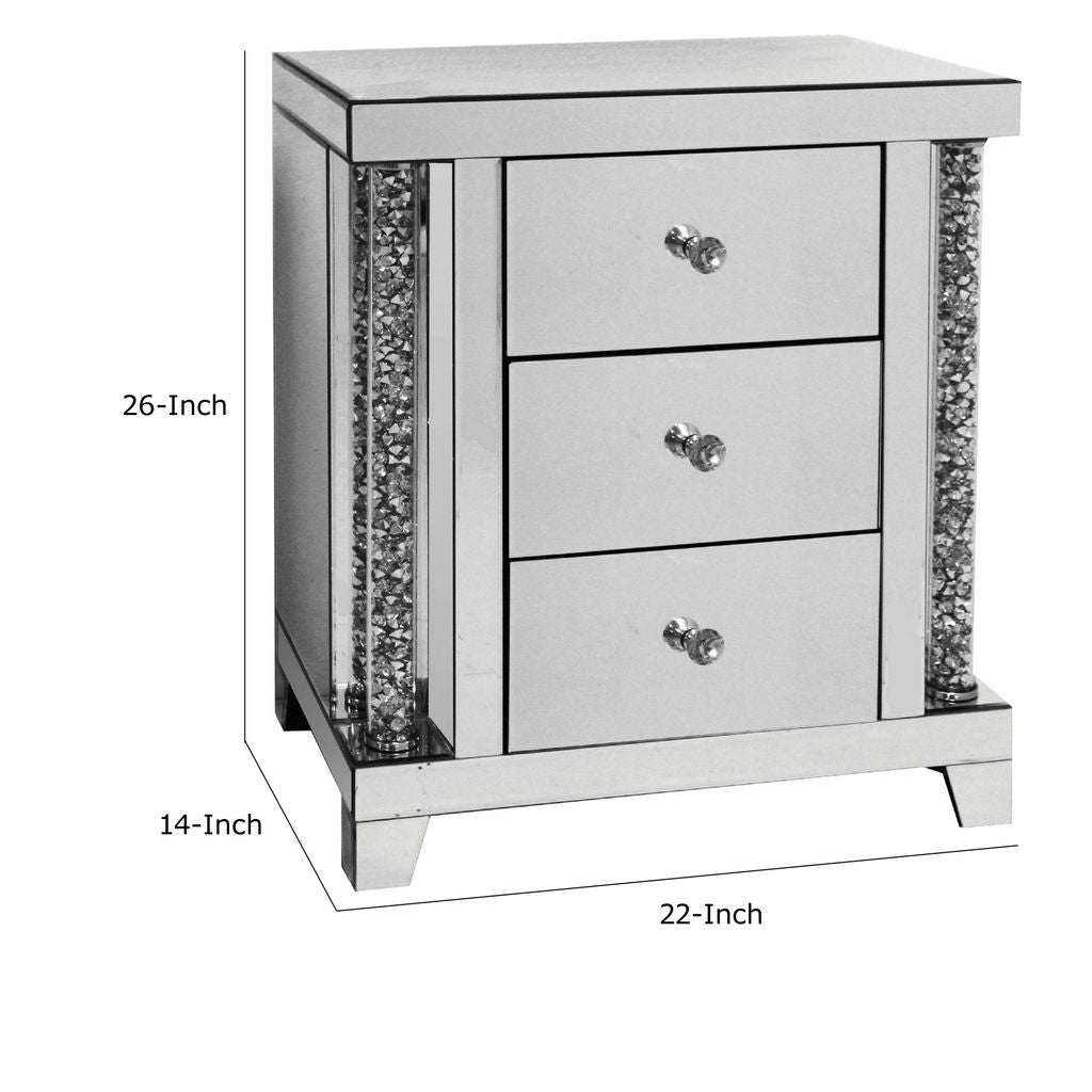 Noe 26 Inch 3 Drawer Accent Table Nightstand, Mirrored, Faux Diamond Inlay, Silver - View 5