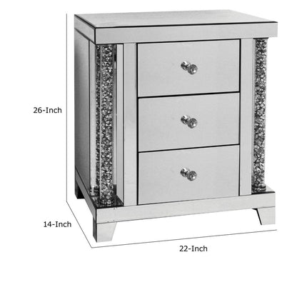 Noe 26 Inch 3 Drawer Accent Table Nightstand, Mirrored, Faux Diamond Inlay, Silver - View 5