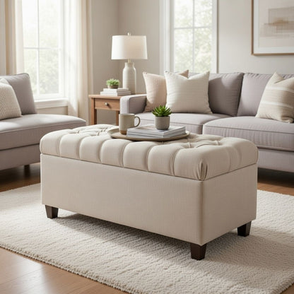 Fabric Upholstered Button Tufted Wooden Bench With Hinged Storage, Beige and Brown - View 7
