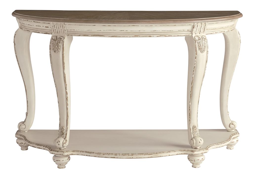 Crescent Moon Wooden Sofa Table with Engraved Details, Brown and White - View 2