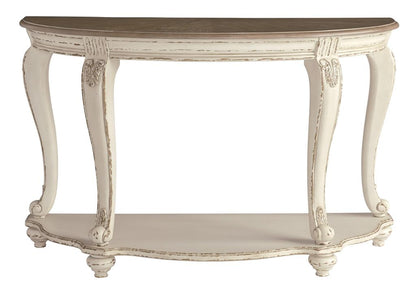 Crescent Moon Wooden Sofa Table with Engraved Details, Brown and White - View 2