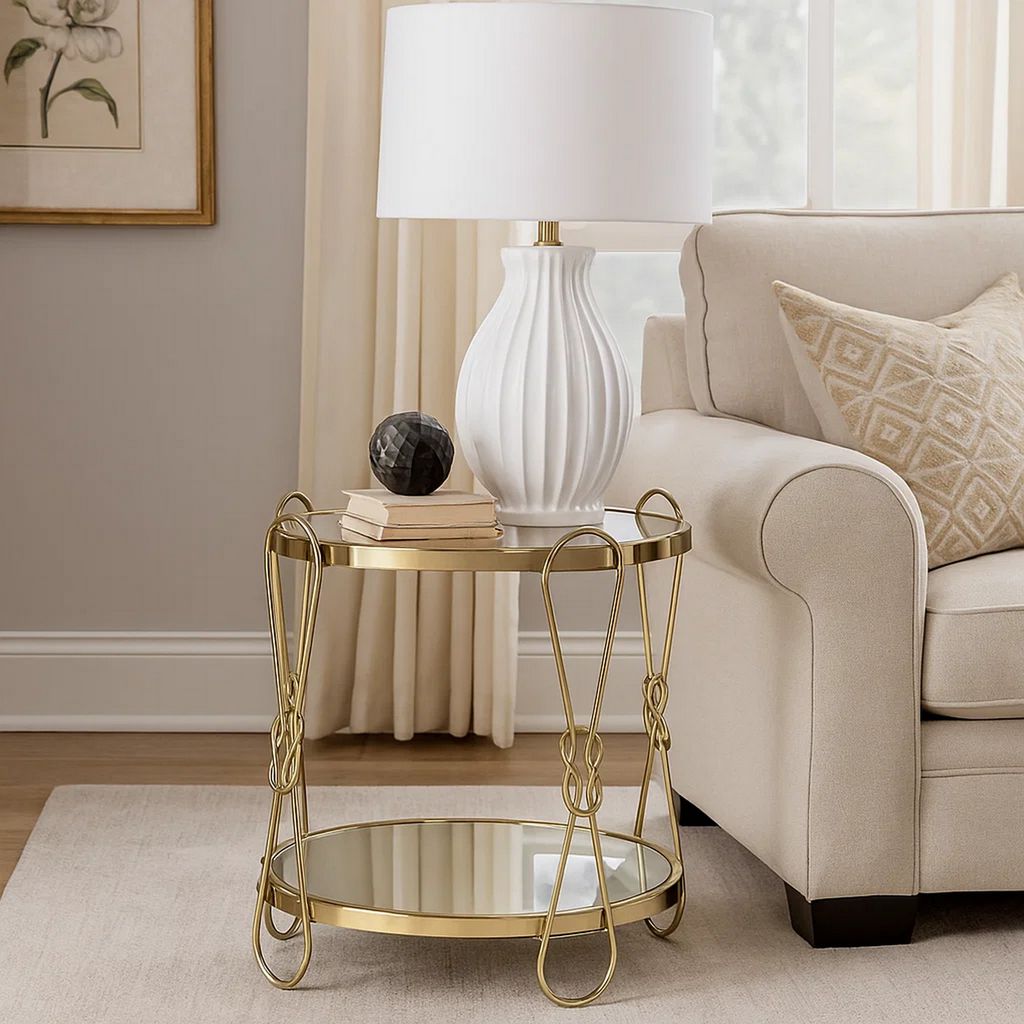 Metal End Table with Mirrored Top and 1 Bottom shelf, Gold and Clear - View 7