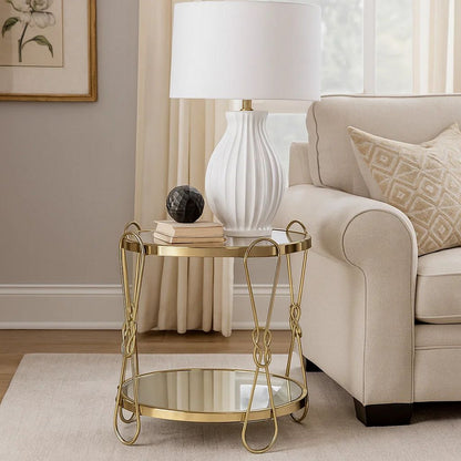 Metal End Table with Mirrored Top and 1 Bottom shelf, Gold and Clear - View 7