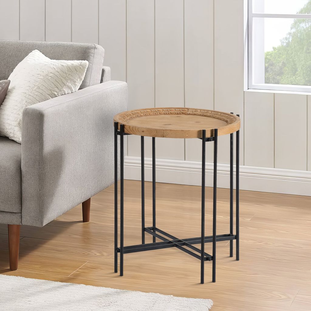 24 Inch Side Table, Modern, Round Tabletop, Carved Wood, Iron Frame, Brown - View 7