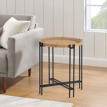 24 Inch Side Table, Modern, Round Tabletop, Carved Wood, Iron Frame, Brown - View 7