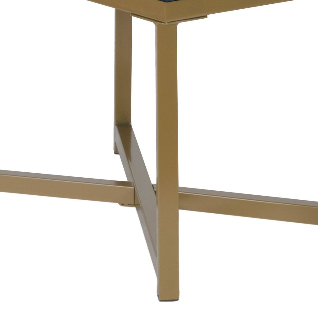 Metal Framed Bench with Button Tufted Velvet Upholstered Seat, Dark Blue and Gold - View 4