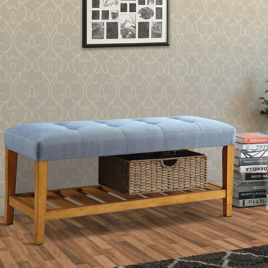 Wooden Bench, Blue & Oak - View 6