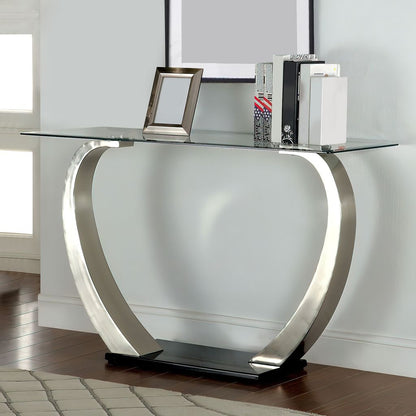 Rectangular Glass Top Sofa Table with Curved Pedestal Base, Black and Gray - View 7