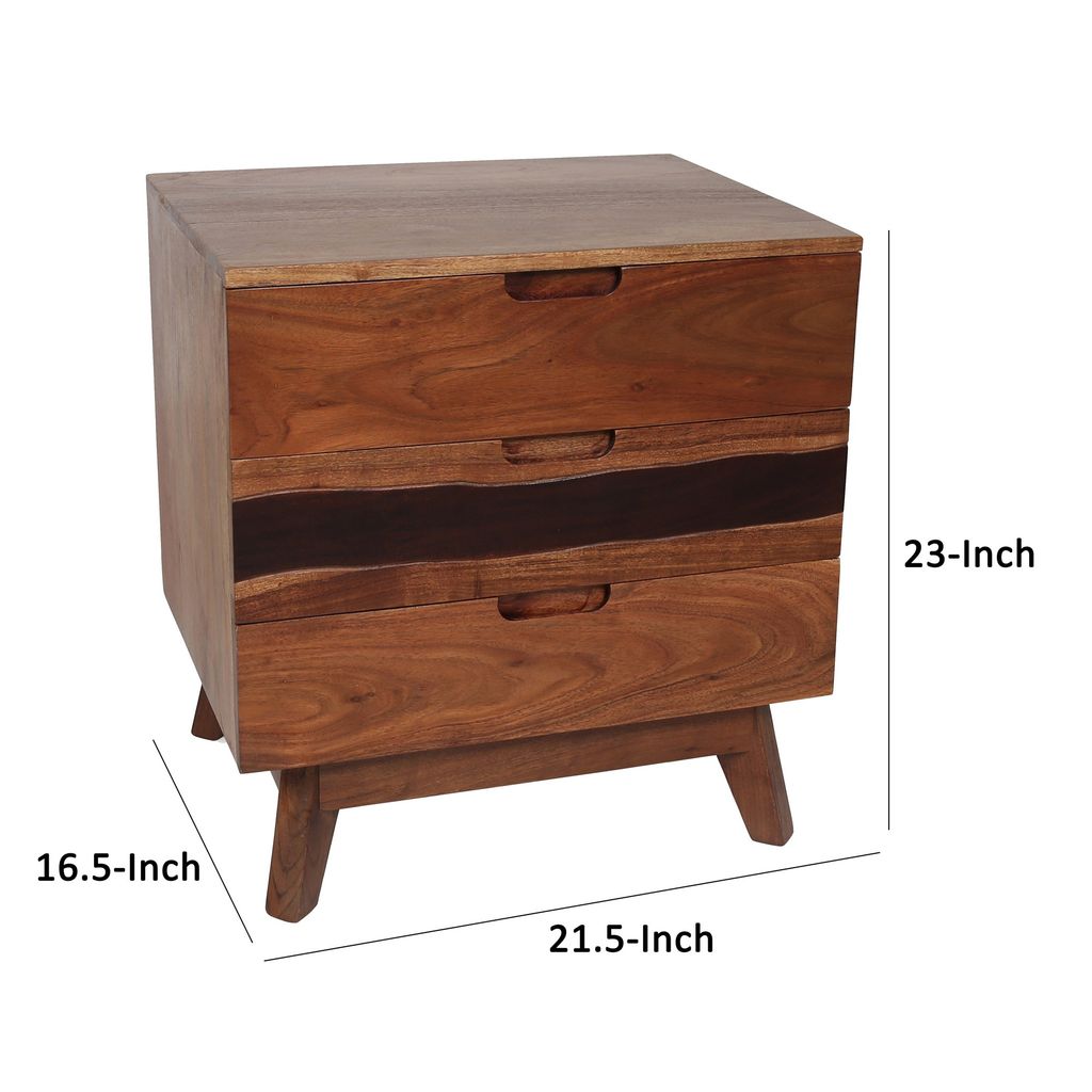 23 Inch Nightstand Side Table, Live Edge Acacia Wood, 3 Drawers, Brown - View 5