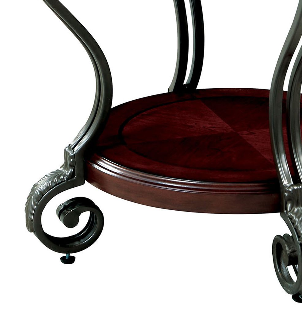 Round Wood and Metal End Table with Scroll Details, Brown - View 4