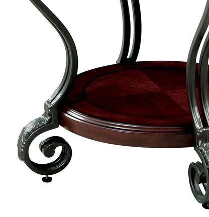 Round Wood and Metal End Table with Scroll Details, Brown - View 4