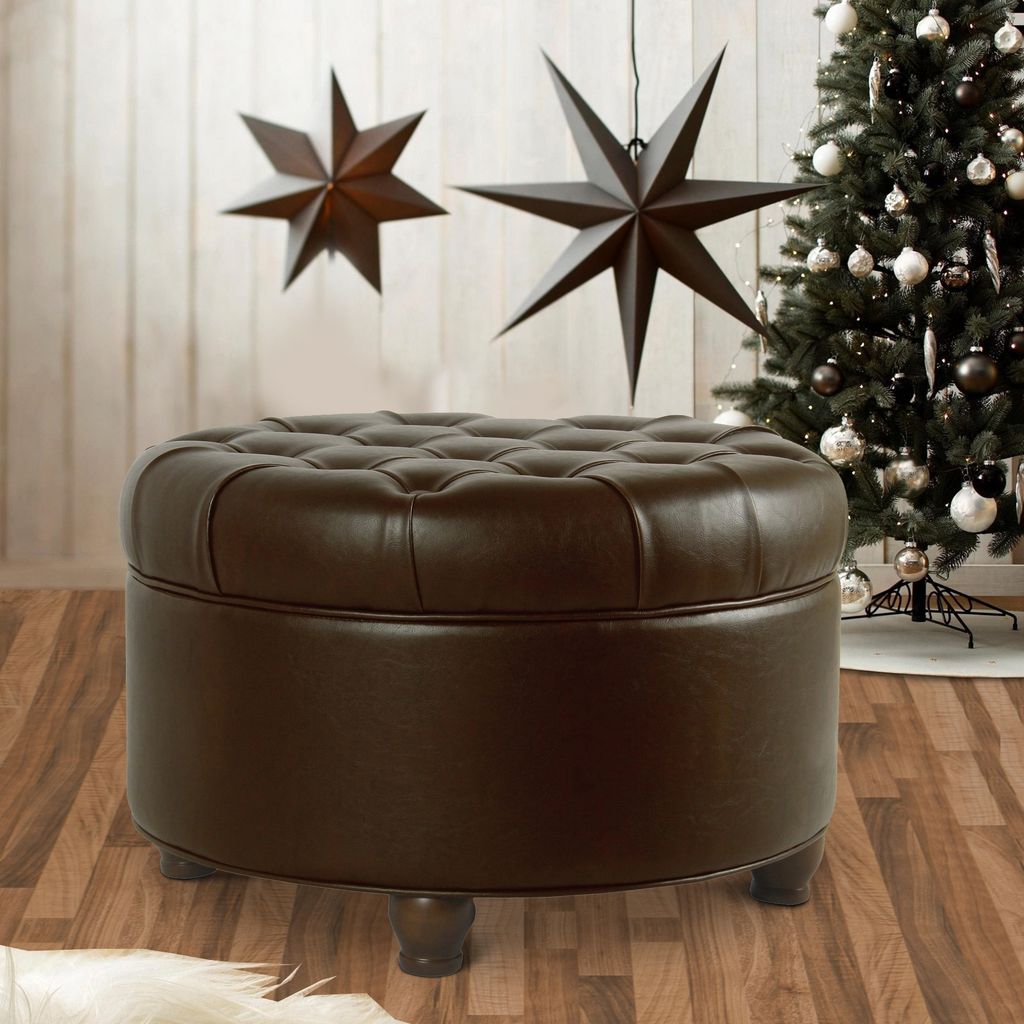 Leatherette Upholstered Wooden Ottoman with Tufted Lift Off Lid Storage, Brown - View 7