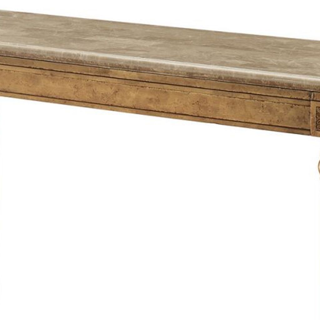 Marble Top Sofa Table With Fluted Detail Wooden Turned Legs, Gold - View 5