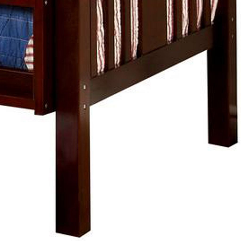 Slatted Twin Over Twin Bunk Bed with Attached Ladder, Espresso Brown - View 2