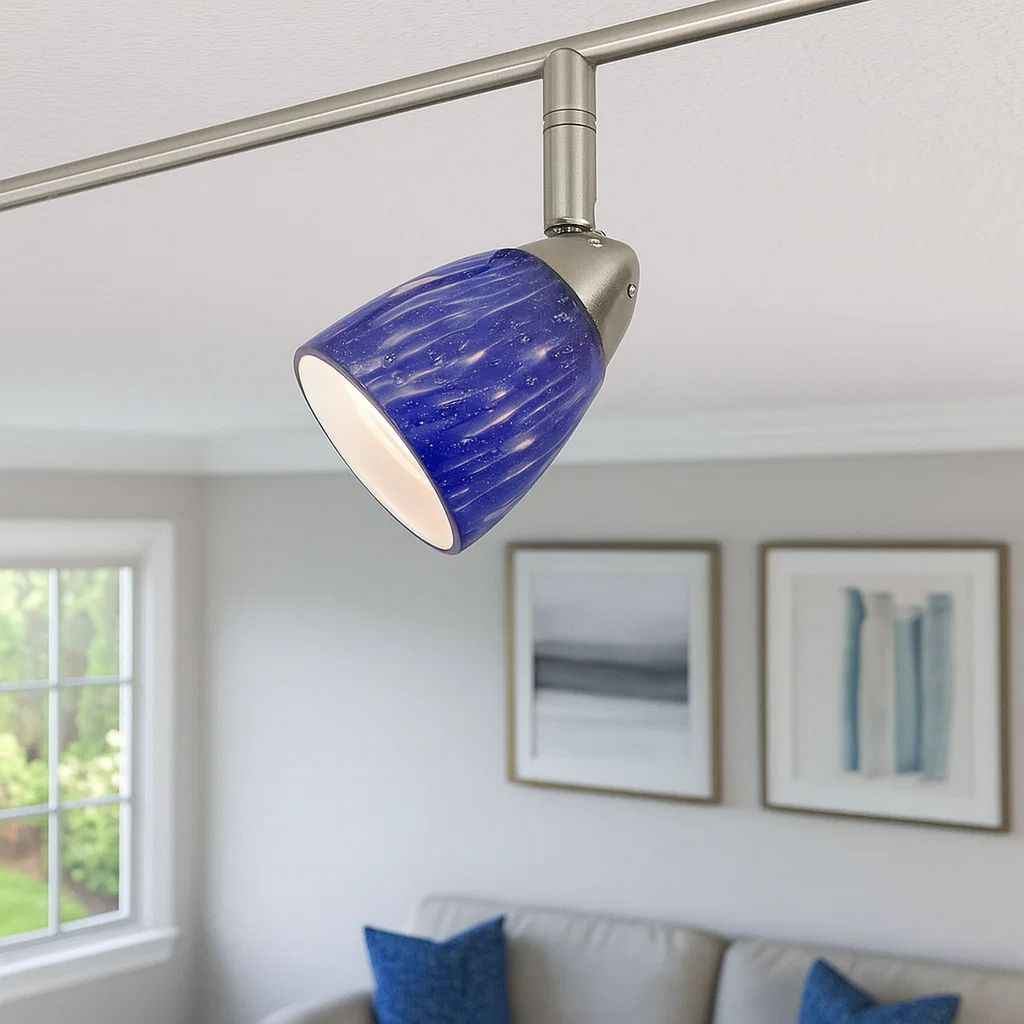 50 Watt Track Fixture with Handblown Glass Shade, Silver and Blue - View 7