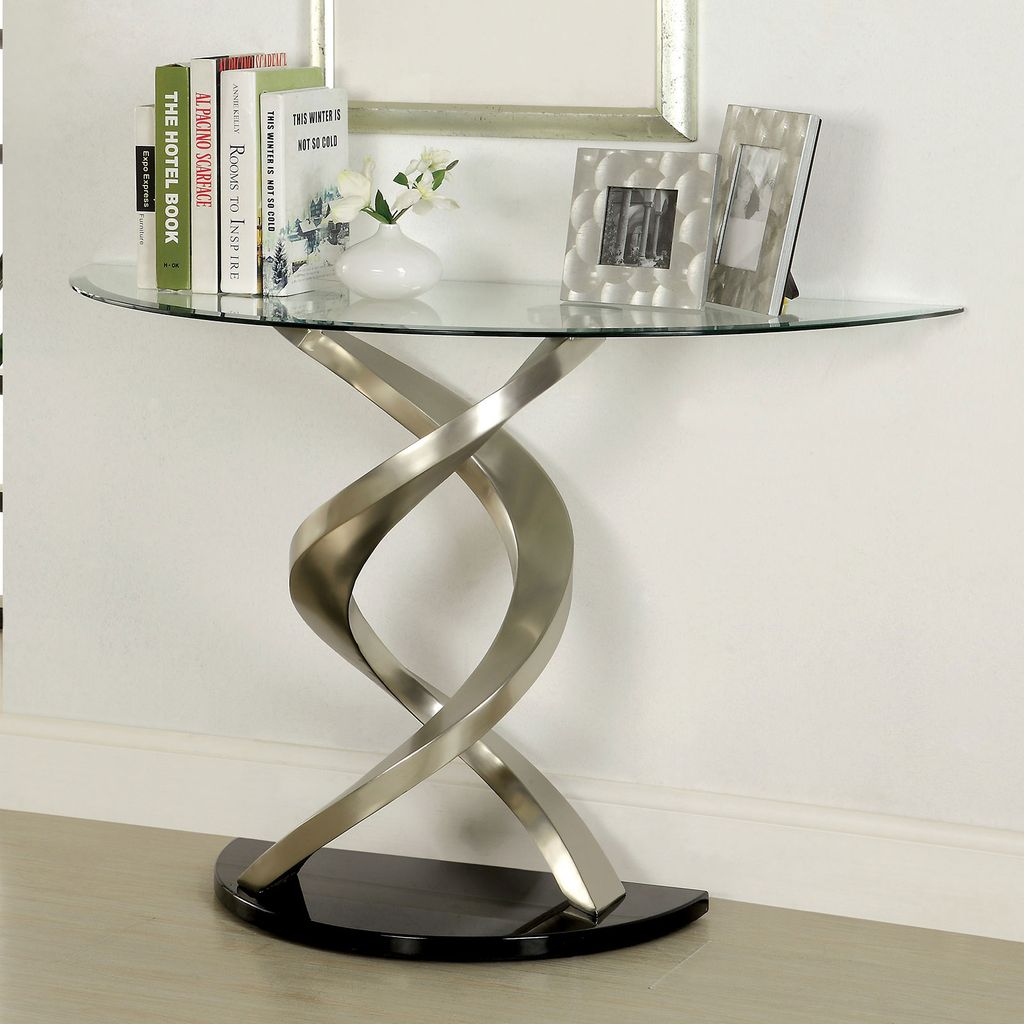 Sofa Table with Twisted Metal Base and Semi Circular Glass Top, Silver