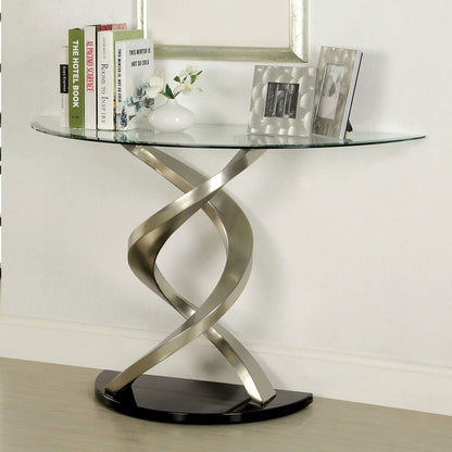 Sofa Table with Twisted Metal Base and Semi Circular Glass Top, Silver