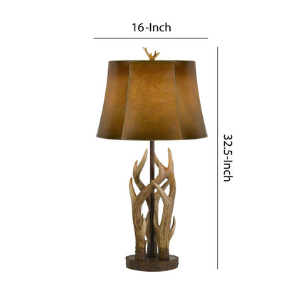 150 Watt Leatherette Shade Table Lamp with Antler Polyresin Base, Brown - View 6