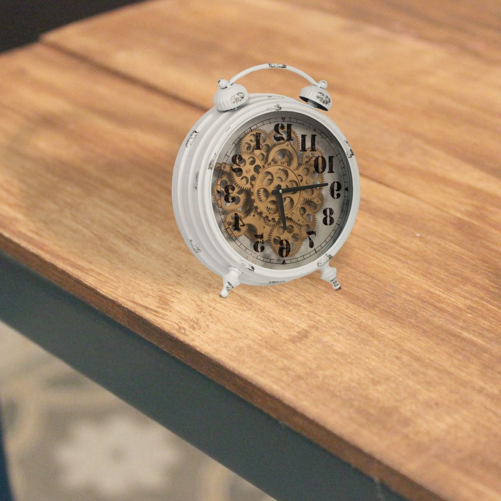 Classic Metal Table Clock with Gears Front and Distressed Details, White and Gold - View 5