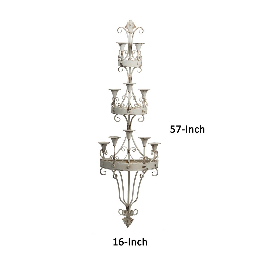 16 Inch Wall Mount Candle Holder, Ornately Scrolled White Metal Finish - View 5