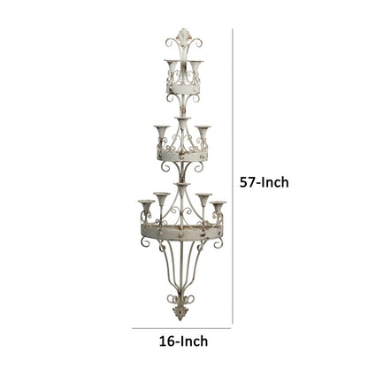 16 Inch Wall Mount Candle Holder, Ornately Scrolled White Metal Finish - View 5