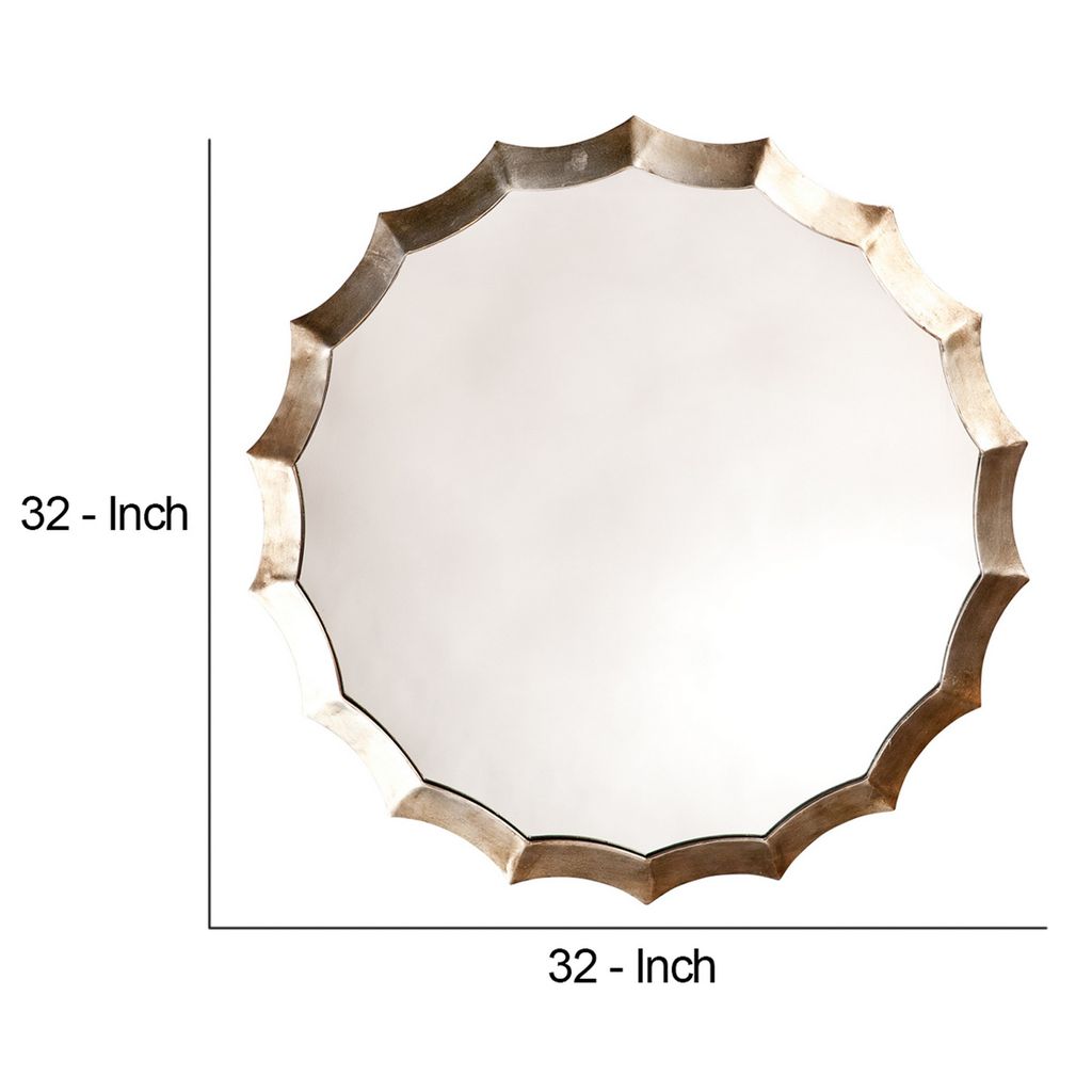 Round Mirror with Scalloped Metal Frame, Gold - View 6