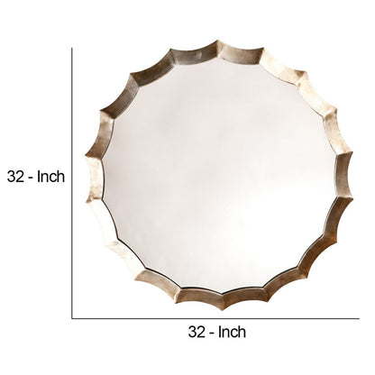Round Mirror with Scalloped Metal Frame, Gold - View 6